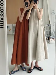 ColorFaith Dr1977 Chic ärmlös överdimensionerad koreansk bomull och linne Elegant Vintage Womens Summer Pure Long Dresses 240412