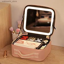 Bolsas de cosméticos Caso de cosméticos LED inteligente com Mirror Women Makeup Bag Portable Grande capacidade de couro PU simples casual para férias de fim de semana L49