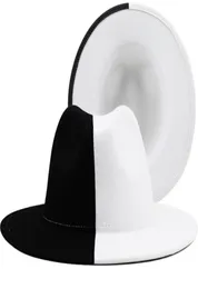 Black White Patchwork Wool Felt Jazz Fedora Hat Women Unisex Wide Brim Panama Party Trilby Cowboy Cap Men Gentleman Wedding Hat 227681020