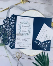 Gorgeous Customizable Navy Laser Cut Wedding Invitation With Belly Band And Tag Respond Card And Envelope7454241