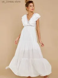 Vestidos casuais básicos sexy dp decote em vaca de borboleta slve maxi vestido branco de cintura alta de longa cintura A-line Casual feminino Vestido de férias de verão D9 T240412