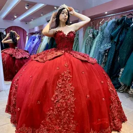 Red Princess Quinceanera Dress for Girls Sweep Train Off Shoulder 3D Florals Applique Pärlor Formell klänning Vestidos 15 Anos Rosa