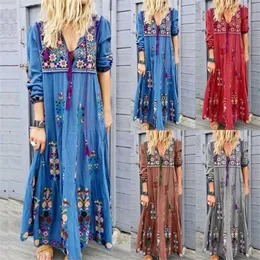 Fashion Vintage Ethnic Style Printed Long Dresses Sleeved Boho Beach Holiday Dress Plus Size Loose Casual Womens 240412