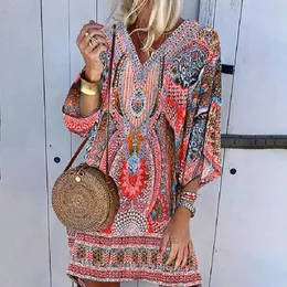 Semesterklänning Bekväm Boho Shift Design ovanför knä mode Etnisk stil Böhmen Retro Print Woman 240412