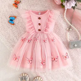 Mädchenkleider Focusnorm 3 Farben Sommer Kinder Mädchen Prinzessin Kleid 0-4y Rüschenhülsen und Knopf vorne 3D Schmetterling Tulle Party