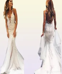 Detalhes incríveis de sereia ao ar livre vestidos de noiva renda Sexy Deep V Neck Vestidos de Novia Backless Boho Country Beach Bridal GOWNS22225482