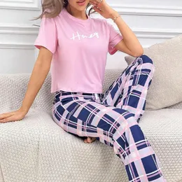 Kvinnor Pyjamas Super Super Soft Cotton Short Sleeve Pink Tops med långa byxor Två stycken Högkvalitativ sexig underkläder Homewear 240410