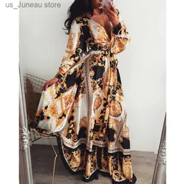 Basic Casual Dresses Women Boho Wrap Summer Lond Dress Holiday Maxi Loose Sundress Floral Print V-neck Long Slve Elegante Dresses Cocktail Party T240412