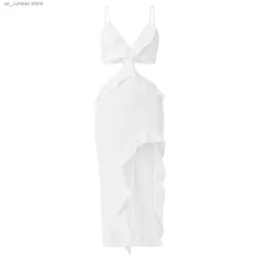 Basic Casual Kleider Gaono Womens Summer Sattel Cocktailkleid weiße slveless unregelmäßige Rüde Hollow Party Kleid Clubwear Y2K Strtwear 1 T240415