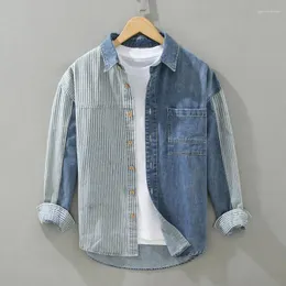 Erkekler Sıradan Gömlekler Bahar Sonbahar Amerikan Moda Markası Top Gevşek Dikey Stripe Patchwork Denim Uzun Kollu Gömlek Erkekler Yüksek Street