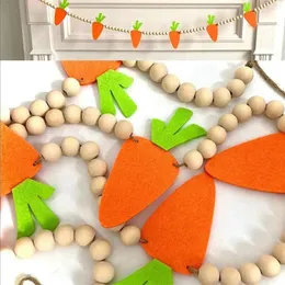 Party Favor Easter Beaded Pendant Wood Bead Garland With Tassels Wooden Carrot String Tray Decoration