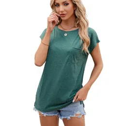 Kvinnors T-skjortor Spring/Summer Round Neck Short Sleeve Loose Pocket WiPed Shoulder T-Shirt Top