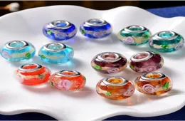 100pcs Lot Fashion Round Foil Flower Lampwork Glass Big hole Beads Fit European Charm Bracelet DIY Jewelry Gift GB064071622