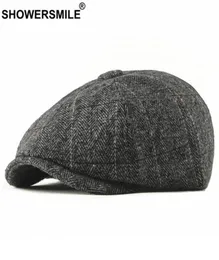 sboy Hats Sboy SHOWER Tweed Cap Men Wool Herringbone Flat Winter Grey Striped Male British Style Gatsby Hat Adjustable5405030