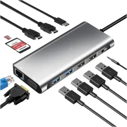 Hubs Triple Display USB C Dual Monitor Adapter Laptop Hub USB C do 2 HDMI 4K+VGA+Ethernet+100W PD+4USB+Audio dla MacBook Pro OTG