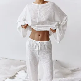 Ev Giyim 2024 Kadınlar İçin Gevşek Pijamalar 2 Parçalı Setler Örme Uzun Kollu O Boyun Pijama Kadın Pantolon Takımları Yaz Günlük Gecesi