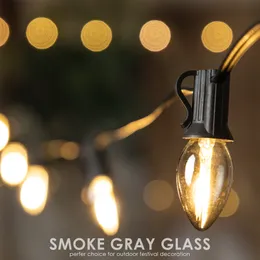 E12 guirlanda advertível de cordas ao ar livre C7 LED LED Smoky Grey Vidle Bulb Backyard impermeável Chain de luz conectável conectável