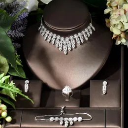 أقراط القلادة مجموعة روسية 4 قطعة من الزفاف الفاخرة تصميم تصميم المجوهرات النسائية الأنيقة CZ Ring سوار و