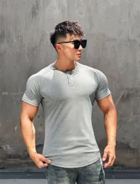 T-Shirts 2023 Muscle Exercise Semi Tight Fitness Short Sleeve Shirt Men's Training Solid Stripe Elastic running Sports gym Tshirt