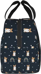 Black Boho Rainbow och Corgi Lunch Bag Söt Corgi Print Isolated Lunch Box Container med frondficka för arbetspicknickresor