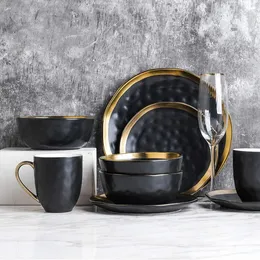 Stone Lain Porcelain 16 Piece Dinnerware Set, Service for 4, Black and Golden Rim dishes dinner plate ceramic