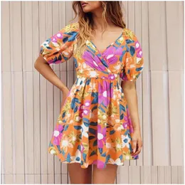 Urban Sexy Dresses Party Ladies Floral Bubble Sleeve V-Neck Slim A-Line Dress Street Beautif Lovely Summer Drop Delivery Apparel Women Dhnsy