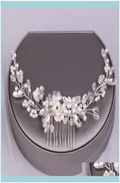 Hår juvelryforseven brud bröllop aessory lysande kristall pärlor blomma blad kammar hårnålar klipp pannband dekor smycken dropp3370973