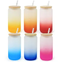 Magazzino locale americano 16 onlimazione Sublimation Glass Tumbler Gradient Can lattina di vetro con coperchi di bambù 50pcs/Case Colori misti