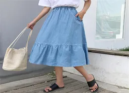 Neophil 2020 Preppy Style Women Denim Midcalf Skirts High Waist Plus Size Faldas Larga Button Jean School Skirt S1731 T2007325718