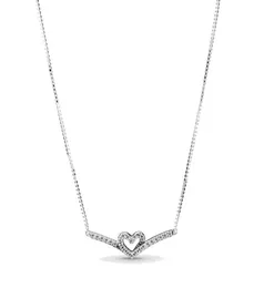 Fine jewelry Authentic 925 Sterling Silver Necklace Fit Pendant Charm Sparkling Wishbone Heart Collier Love Engagement DIY Wedding Necklaces6300842
