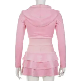 トップス JILTU baby frill hoodie skirt baby pink Velvet Two-Piece Kawaii Set: Zip-Up Hoodie & Lace-Up Ruffles