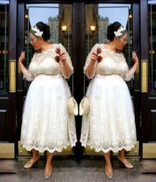 Lace Plus Size Short Wedding Dresses 2018 Tea Length A Line Bridal Gowns Illusion Long Sleeves Women Wedding Vestidos Custom Made 3211618