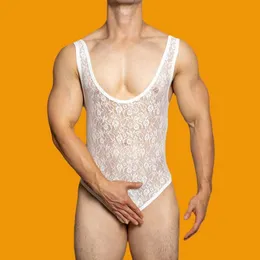 Mens Body Sexy Tight Lace Seo-Strough Triangle Jumpuit Home Body Shaper 통기 운동 운동 피트니스 남성 Bodysuit 240410