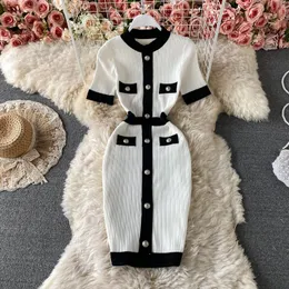 Design de verão Mulheres O-pescoço de vestido curto colorido bloco de cor de altas cintura malha corporcon lápis vestidos