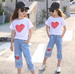 Flickkläder Set Summer Clothes For Girl Short Sleeve Print Heart + Ripped Jeans Shorts Outfits Storlek 6 8 10 12 år6079261