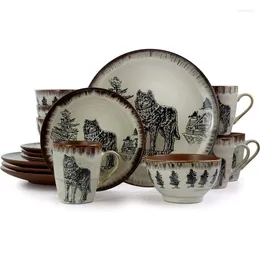 Tallrikar Elama Round Stoare Cabin Cinner Ytterle Dish Set 16 Piece Wolf Design med varma taupe och bruna accenter