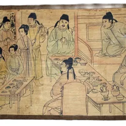 Estatuetas decorativas papel chinês antigo papel "pintura de figura" longa rolagem desenho de desenho de jantar tu