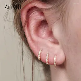 Hoop Earrings ZAKOL Fashion Round CZ Small Circle For Women Gold Color Ear Piercing Jewelry