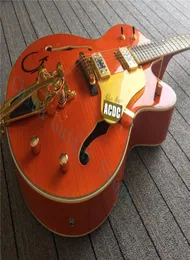 6120SSU Brain Setzer Orange Flame 메이플 메이플 상단 중공 전기 기타 이중 F 홀 빅 트레몰로 브리지 골드 하드웨어 손가락 3790049