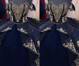 골드 자수 말 Quinceanera Dresses 2023 Navy Blue Ball Gowns Off Shoulder Princess Layers Sweet 16 Dress Graduation Prom G6199377