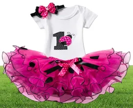 Sommerdruck -Outfits 3pcs Anzüge Anzüge Baby Girl Kleider 1year Geburtstag Kleidung Polka Punkte Infant Girl Kleidung Neugeborenes Kleid Q8492439