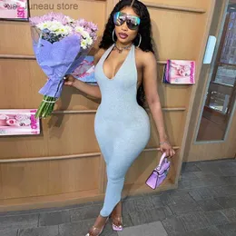 Basic Casual Dresses Sexy Dp V Neck Halter Maxi Dress Women Strench Backless Party Bodycon Long Dresses Female Clothes Club Mujer Party GV068 T240412