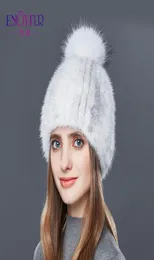 Genießt Frauen039s Pelzkappe Real Nerzfellhut mit Pelz Pom Strickhüte für Winter hohe Qualität dicker warmer weiblicher meldung 5100062