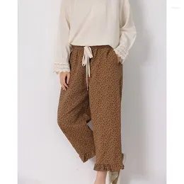 Frauenhosen Druck Blumenweitbein gelegentlich Frauen elasticwaist dünne Baumwollwäsche geschnittene Harun Pantalones Hippies Boho Mujer