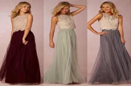 2017 New Trends Two Pieces Bridesmaid Dresses Lace Bodice Tulle Skirt Burgundy Grey Mint Sheer Crew Neck Full Length Elegant Prom 6669440