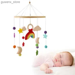 Mobiles# Baby Wooden Bed Bell Soft Felt Cartoon Rainbows Pendant Musical Baby Hanging Toy Crib Mobile Wood Toy Holder Bracket Infant Gift Y240412