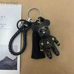 Key Rings Leather Weave Rope Bomgom Popobe Gloomy Rhinestone Keychain Tassel Glasses Bear Key Chain Ring Holder Bag Black Pendant 240412