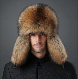 Mens Real Fox Fur and Real Leather Hat Russian Ushanka Winter Warm Aviator Trapper Bomber Ski Earmuffs Cap1954431