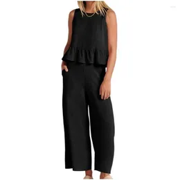 Pantaloni da donna da donne 2 pezzi/tasche a colori solidi continuate a raffreddamento da donne con cavallo profondo set di canotte set top lady cali