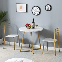 VECELO Small Round Dining Table Set for 2, Wood Marbled Tabletop with Steel Frame, Modern Dinette with Chairs for Kitchen